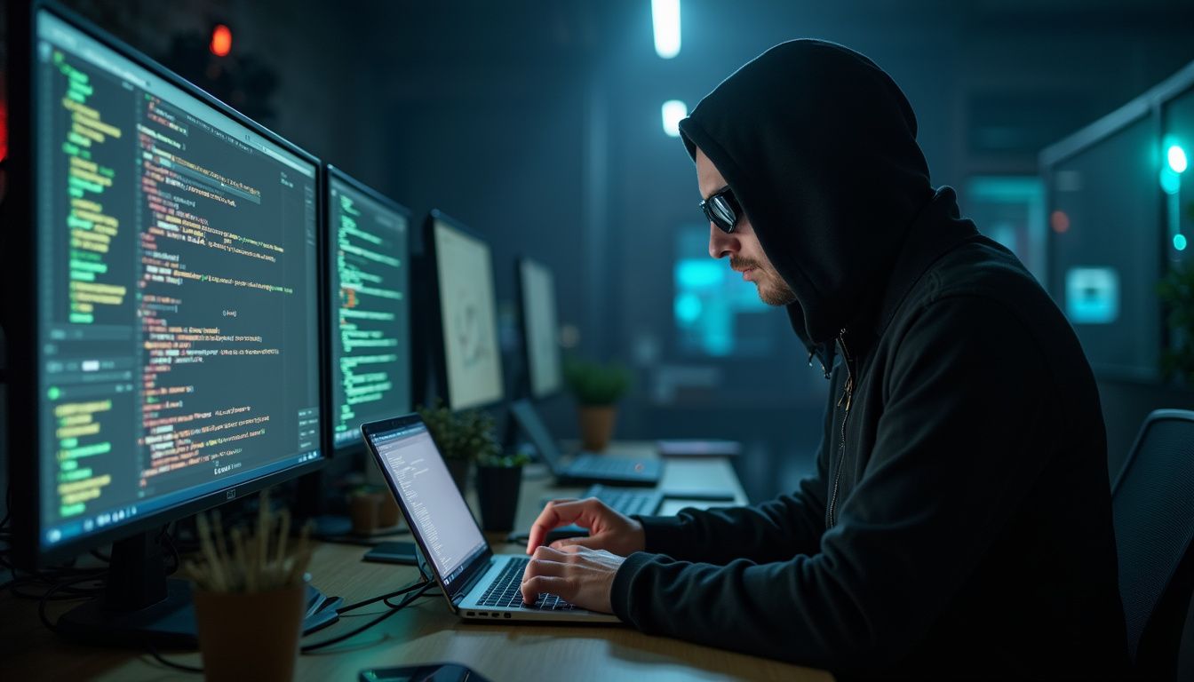 A hacker is infiltrating a software system by planting malicious code in a cybersecurity room. A hacker is infiltrating a software system by planting malicious code in a cybersecurity room.