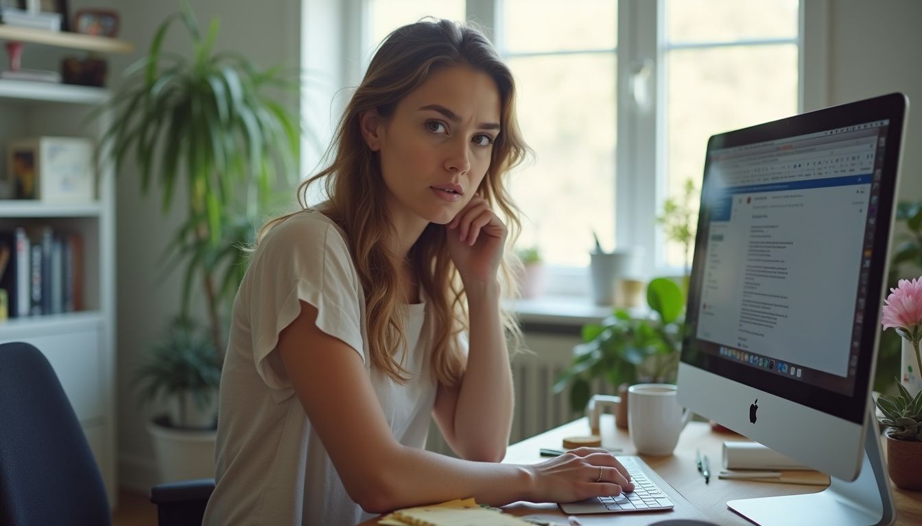 A woman in her 30s sits at a cluttered desk, looking puzzled amid scattered papers and a computer. A woman in her 30s sits at a cluttered desk, looking puzzled amid scattered papers and a computer.