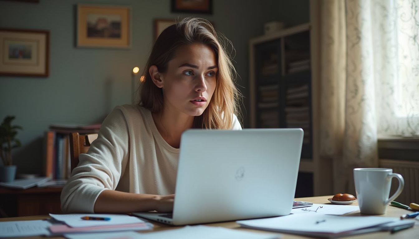 A woman in her 30s looks concerned at her messy desk while glancing at a warning pop-up on her laptop. A woman in her 30s looks concerned at her messy desk while glancing at a warning pop-up on her laptop.