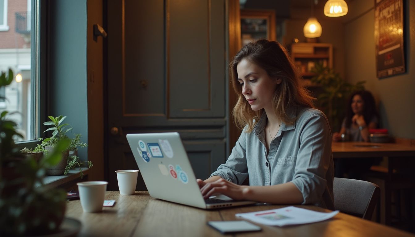 A woman in her 30s works casually on her laptop at a cluttered coffee shop table. A woman in her 30s works casually on her laptop at a cluttered coffee shop table.