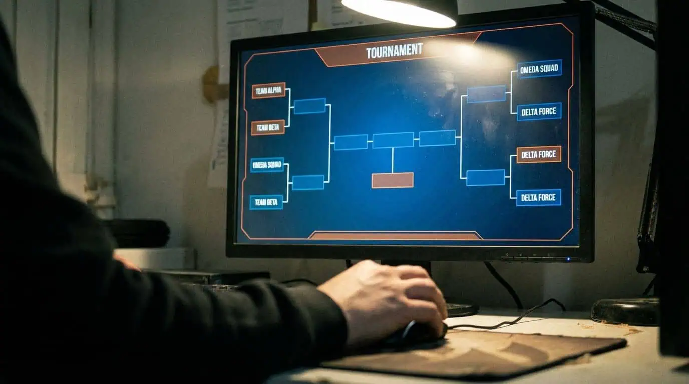 A person plays an online gaming tournament displayed on a computer monitor, showing a tournament bracket with teams like Omega Squad and Delta Force, highlighting eSports and competitive gaming focus.
