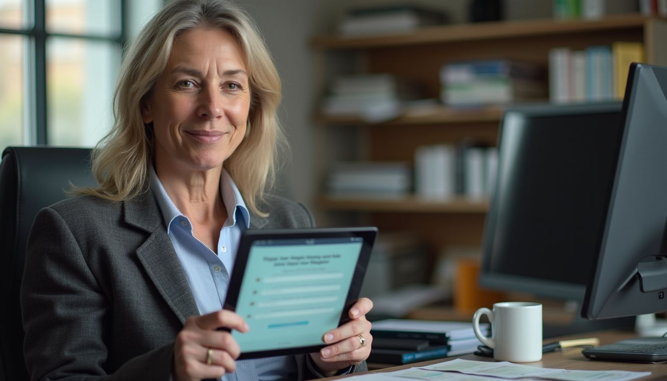 A middle-aged woman in business attire casually sits in a cluttered office, using a tablet with a password manager app. A middle-aged woman in business attire casually sits in a cluttered office, using a tablet with a password manager app.