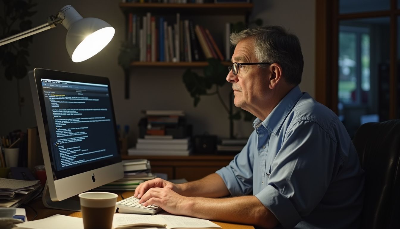 A middle-aged person struggles with a password error at a messy home office desk surrounded by scattered papers and coffee. A middle-aged person struggles with a password error at a messy home office desk surrounded by scattered papers and coffee.