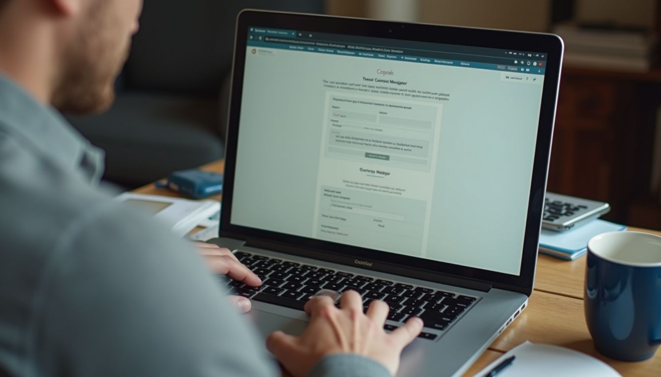 A man in his mid-30s sits at a cluttered desk typing on his laptop. A man in his mid-30s sits at a cluttered desk typing on his laptop.