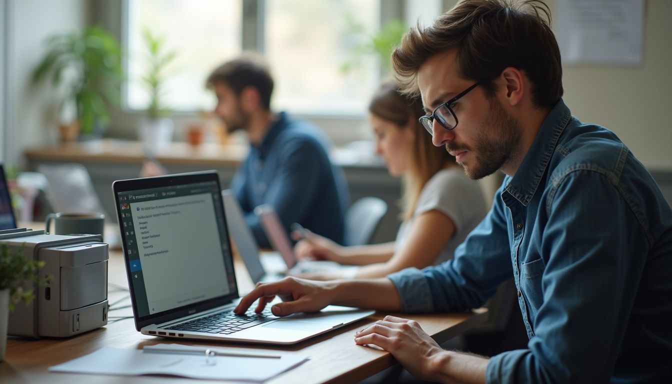 A casual office scene shows people working on laptops amid a cluttered desk with a digital safe. A casual office scene shows people working on laptops amid a cluttered desk with a digital safe.