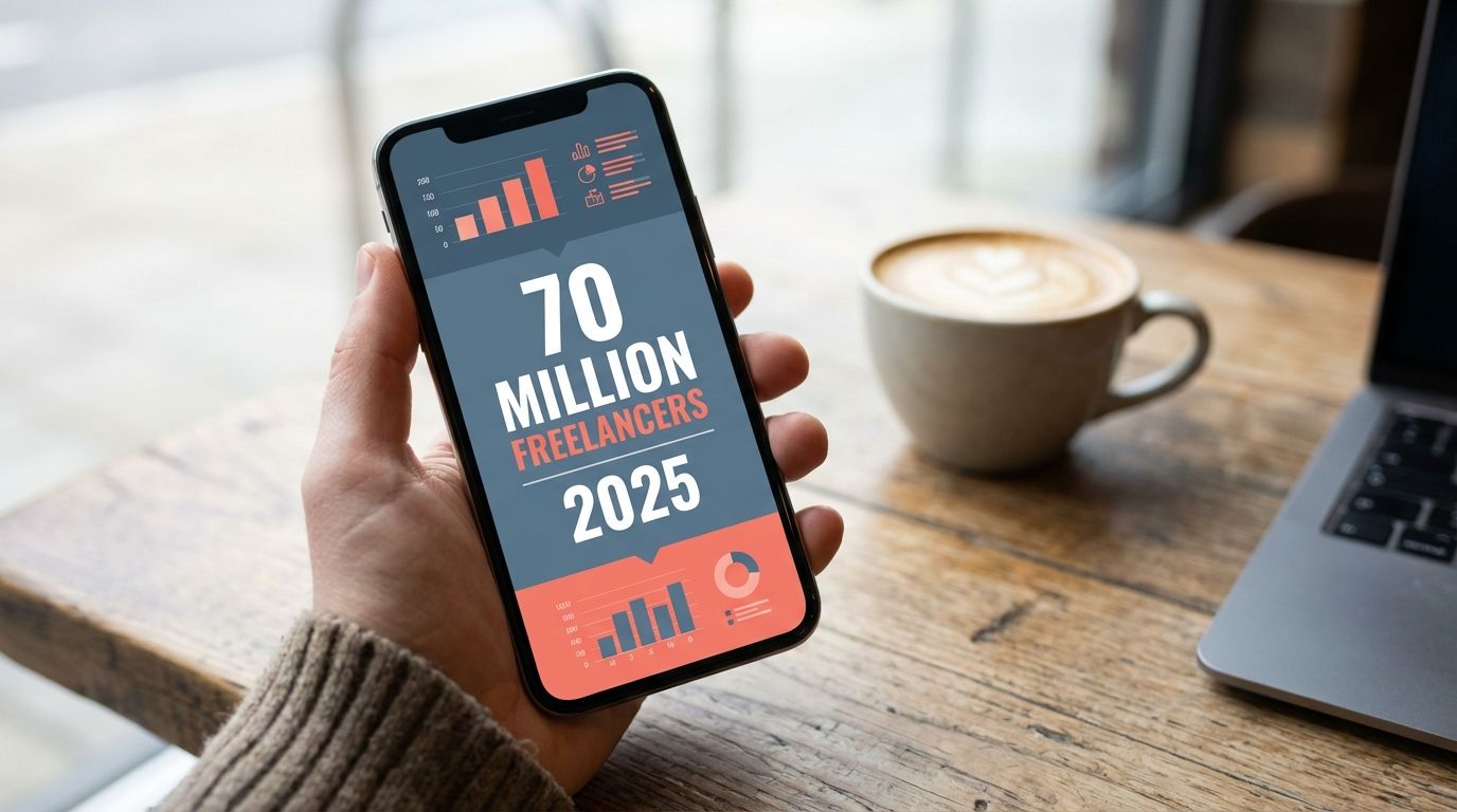 A smartphone screen displaying a statistic about the growth of freelancing. A smartphone screen displaying a statistic about the growth of freelancing.