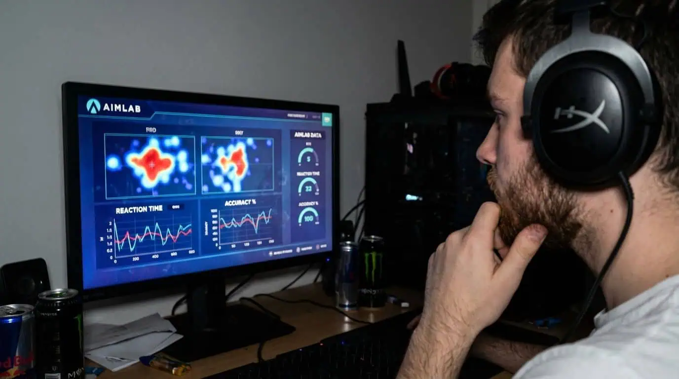 Precision gaming setup with high-quality headphones and multiple energy drinks.