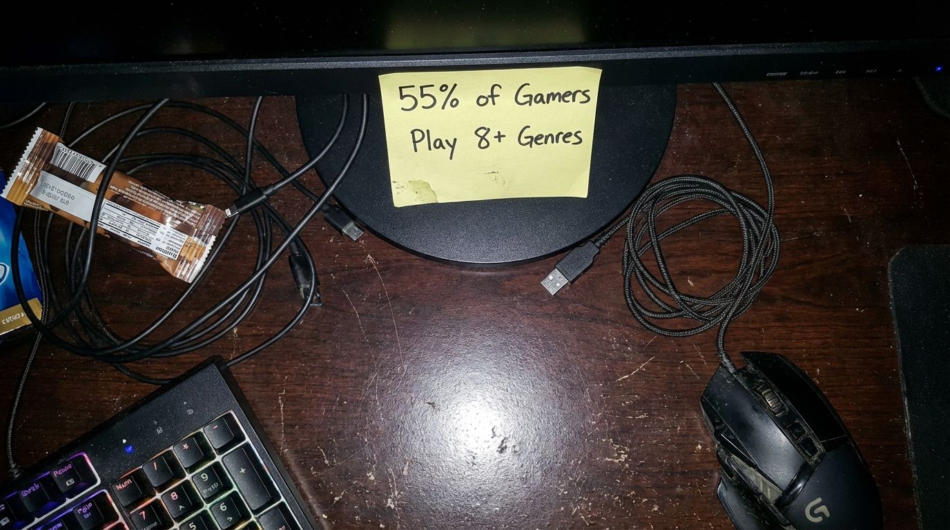 High-quality image of a gaming desk featuring cables, a gaming mouse, keyboard, and a note indicating "55% of Gamers Play 8+ Genres," emphasizing gaming habits and gear.