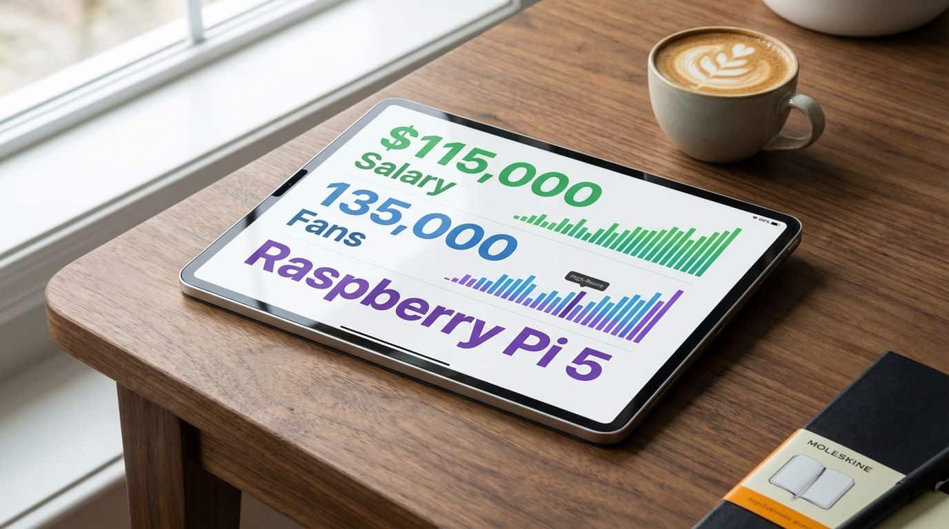 An iPad displaying earnings, fans, and statistics for a Raspberry Pi 5 gaming setup, placed on a wooden desk next to a coffee mug and a Moleskine notebook, highlighting tech, gaming, and Raspberry Pi enthusiast content.
