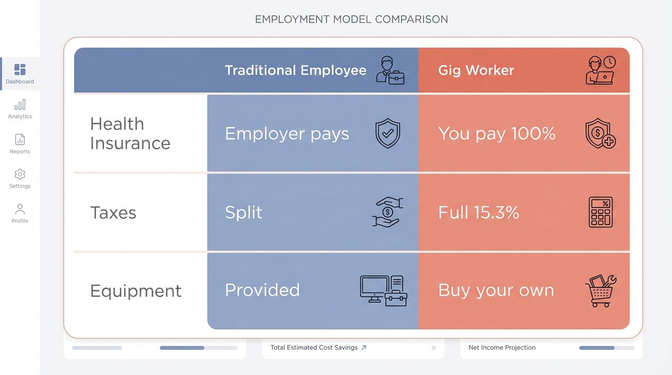 High-quality SEO image showing comparison of traditional employees and gig workers, highlighting differences in insurance, taxes, and equipment costs for comprehensive workforce analysis.