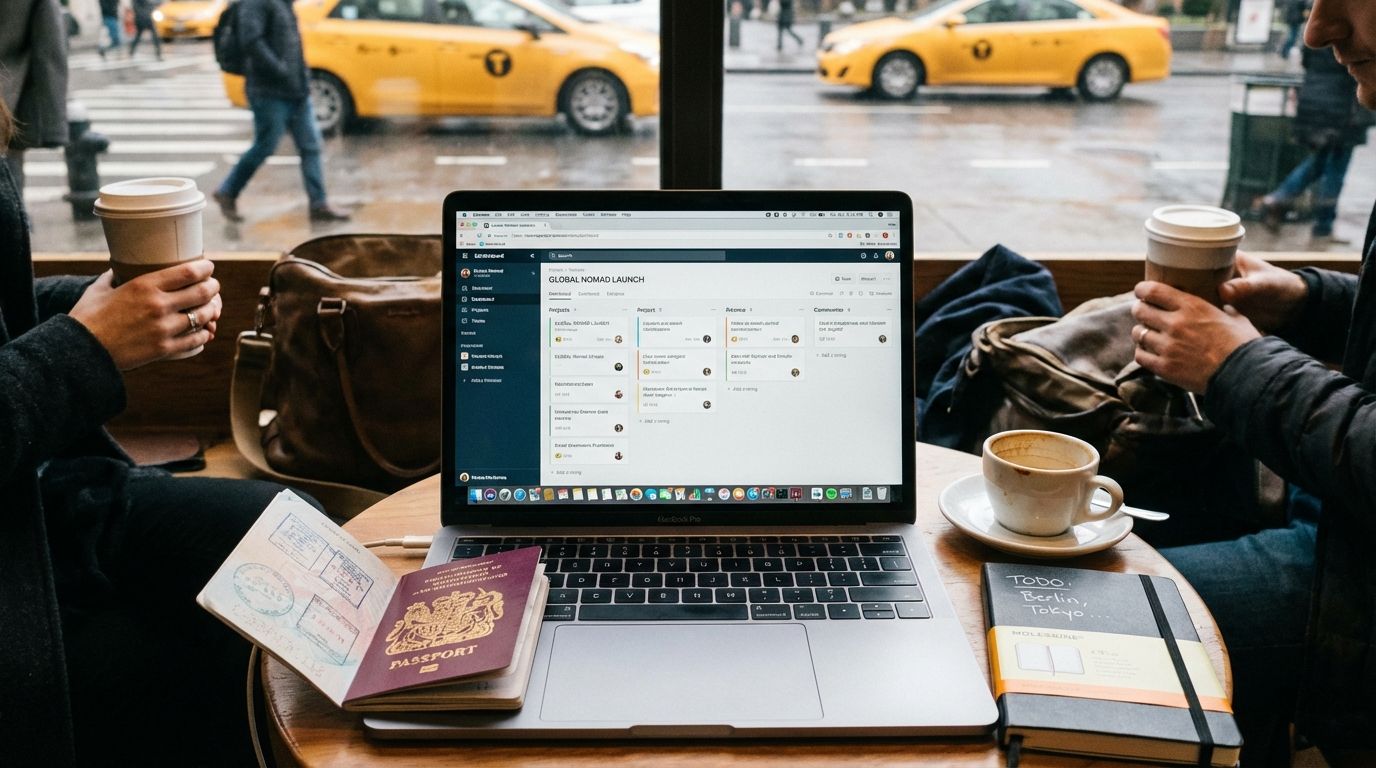 A freelancer working on a laptop in a cafe with a passport visible on the table. A laptop displaying project management software sits on a wooden table in a cozy cafe. Two coffee cups, a passport with travel stamps, a notebook labeled "TODO Berlin, Tokyo," and a rainy city street with yellow taxis in the background create a perfect work and travel planning scene.
