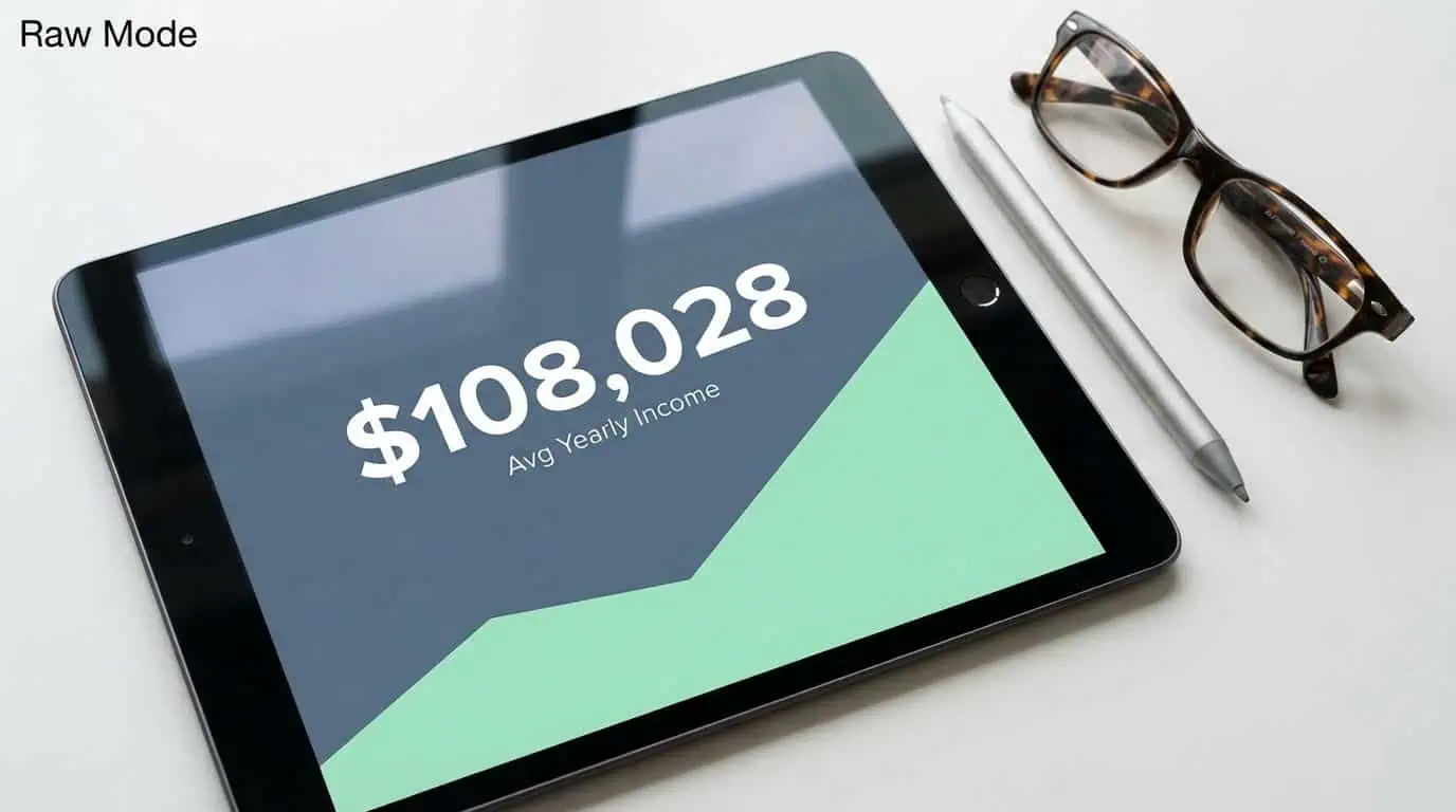 A tablet displaying the projected average income for high-earning freelancers. High-resolution image of a tablet displaying an average yearly income of $108,028, with glasses, stylus, and notes nearby, emphasizing financial growth, productivity, and technology.