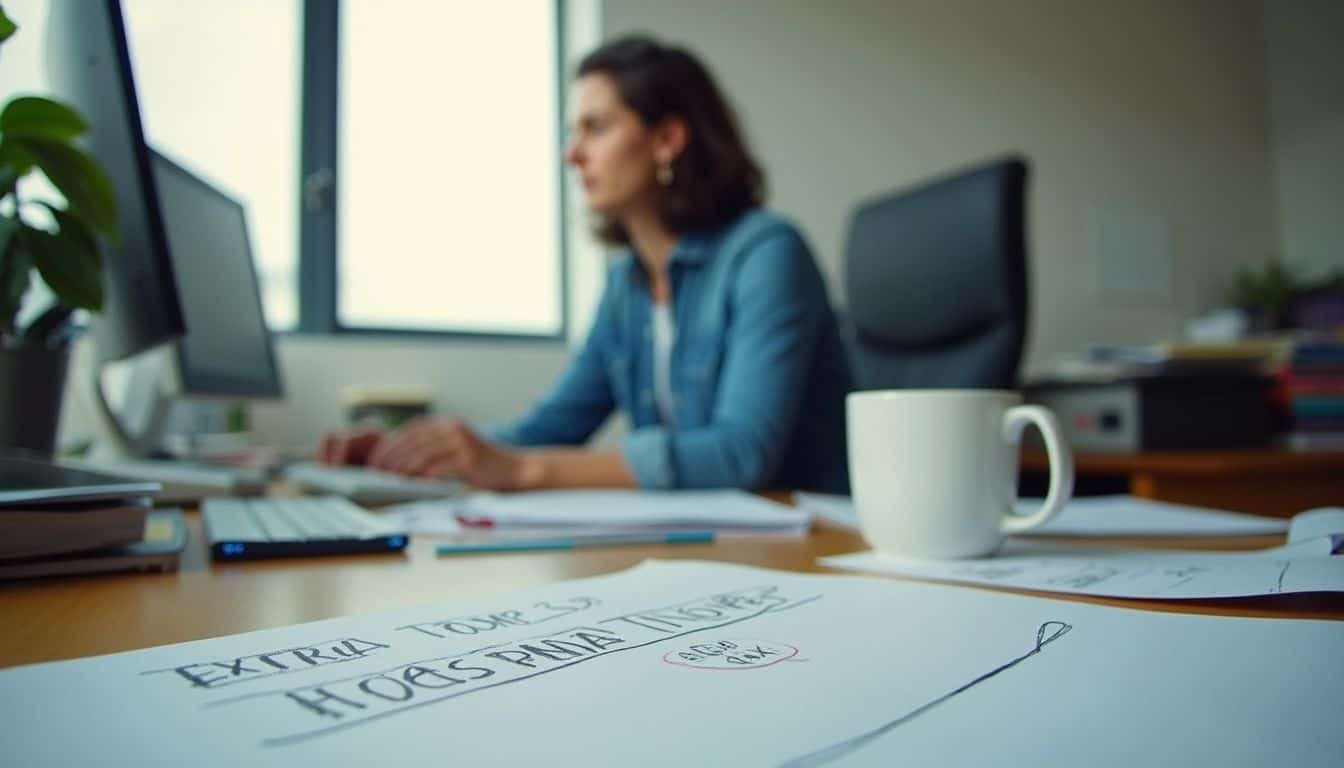 A casual worker is focused on their cluttered desk, surrounded by papers and notes about pay and benefits. A casual worker is focused on their cluttered desk, surrounded by papers and notes about pay and benefits.