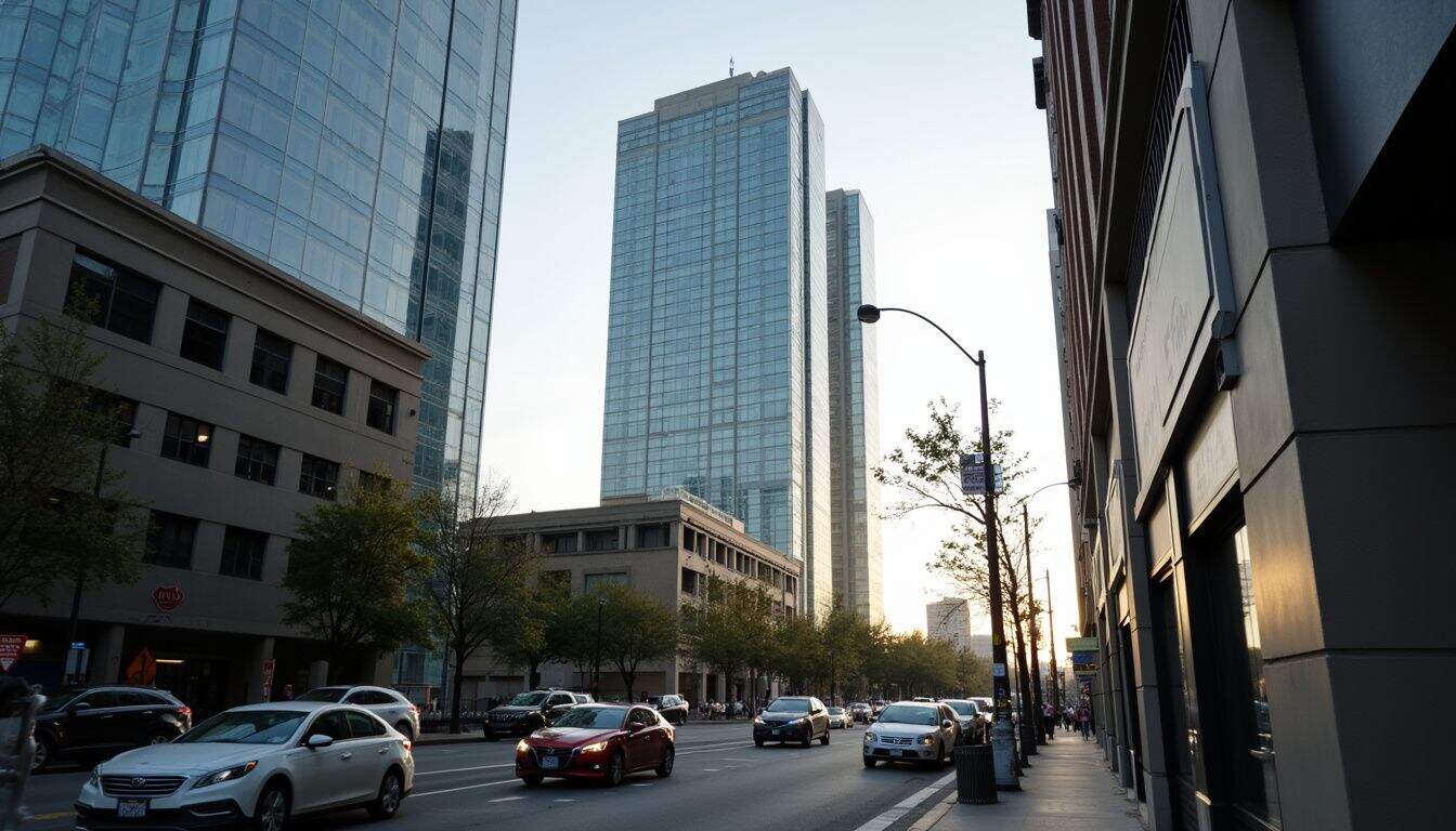 A modern skyscraper rises amidst an everyday cityscape, showing signs of wear and ordinary urban life. A modern skyscraper rises amidst an everyday cityscape, showing signs of wear and ordinary urban life.