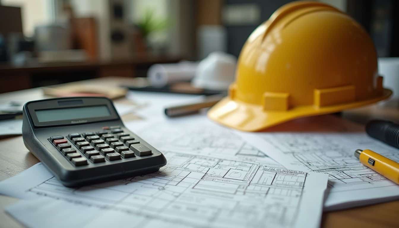 A chaotic office desk displays a vintage calculator, blueprints, a hard hat, and a ruler, indicating recent activity. A chaotic office desk displays a vintage calculator, blueprints, a hard hat, and a ruler, indicating recent activity.