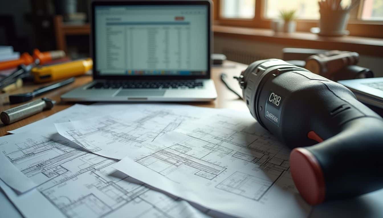 A cluttered office desk features engineering blueprints, salary charts on a laptop, and scattered tools, reflecting a busy workspace. A cluttered office desk features engineering blueprints, salary charts on a laptop, and scattered tools, reflecting a busy workspace.