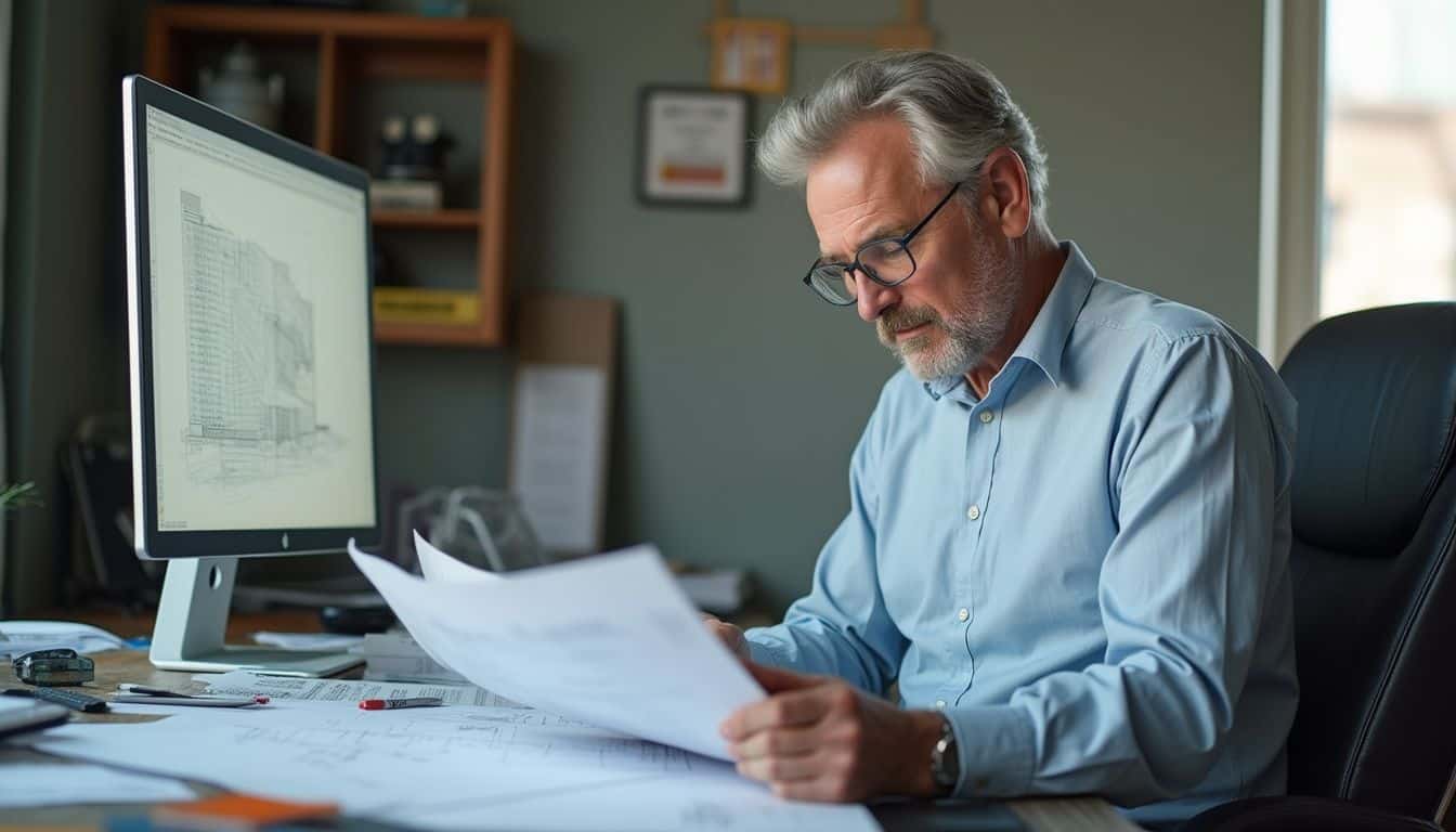 A casually dressed man in his 50s reviews blueprints for a skyscraper in a cluttered office. A casually dressed man in his 50s reviews blueprints for a skyscraper in a cluttered office.