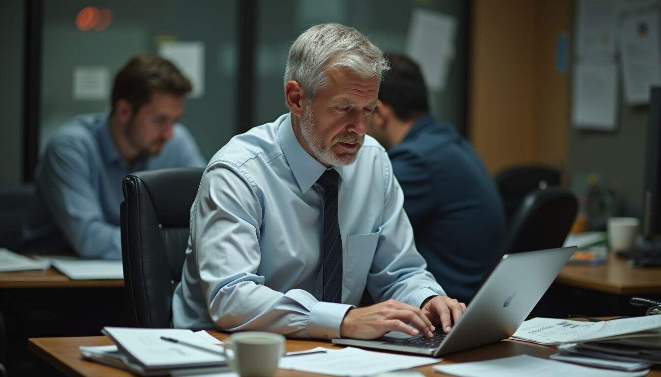 A tired middle-aged man analyzes salary data at a cluttered desk in a busy office. A tired middle-aged man analyzes salary data at a cluttered desk in a busy office.