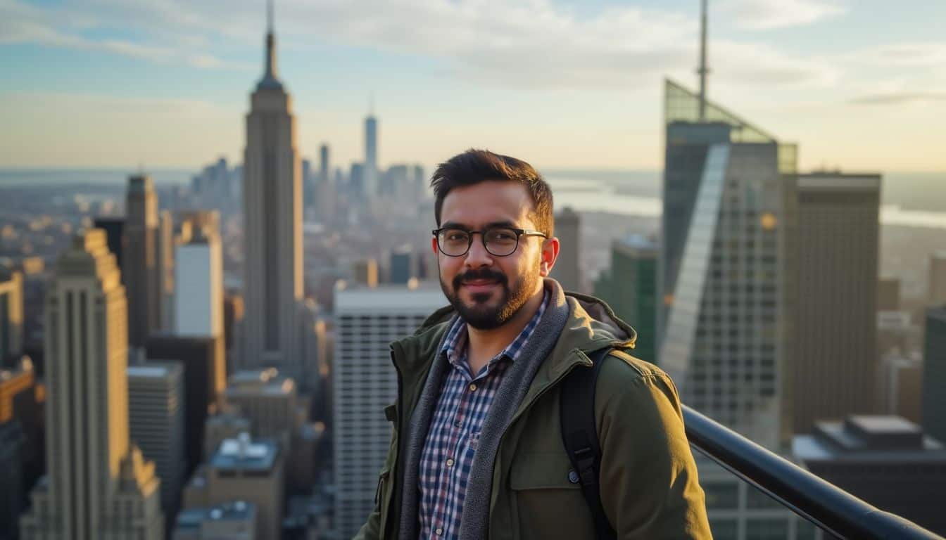 A person stands casually in front of a varied city skyline during sunset, capturing an informal moment. A person stands casually in front of a varied city skyline during sunset, capturing an informal moment.
