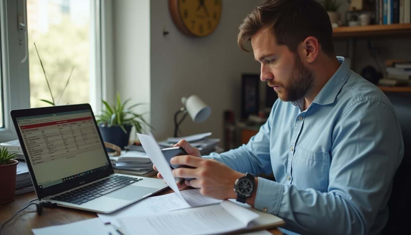 A person reviews employee benefits papers at a cluttered desk featuring a laptop with retirement plan comparisons. A person reviews employee benefits papers at a cluttered desk featuring a laptop with retirement plan comparisons.