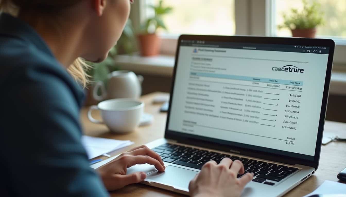A person casually works at a home office desk with a laptop, papers, and a coffee mug nearby. A person casually works at a home office desk with a laptop, papers, and a coffee mug nearby.