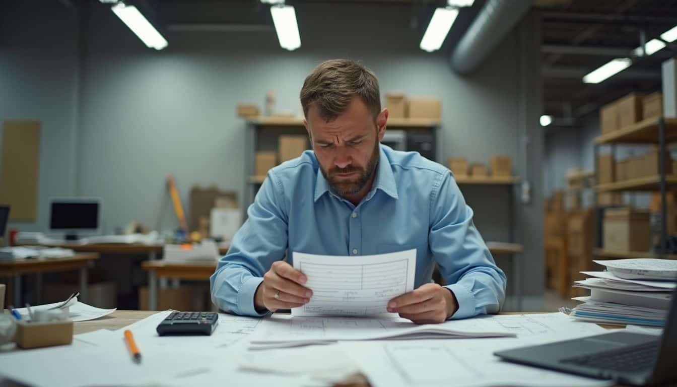 A tired structural engineer reviews a paycheck amidst a cluttered desk of blueprints and tools. A tired structural engineer reviews a paycheck amidst a cluttered desk of blueprints and tools.