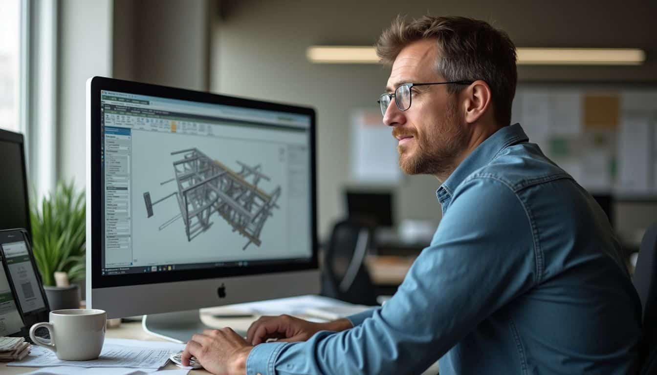 A relaxed person in their 40s uses structural engineering software at a cluttered office desk. A relaxed person in their 40s uses structural engineering software at a cluttered office desk.