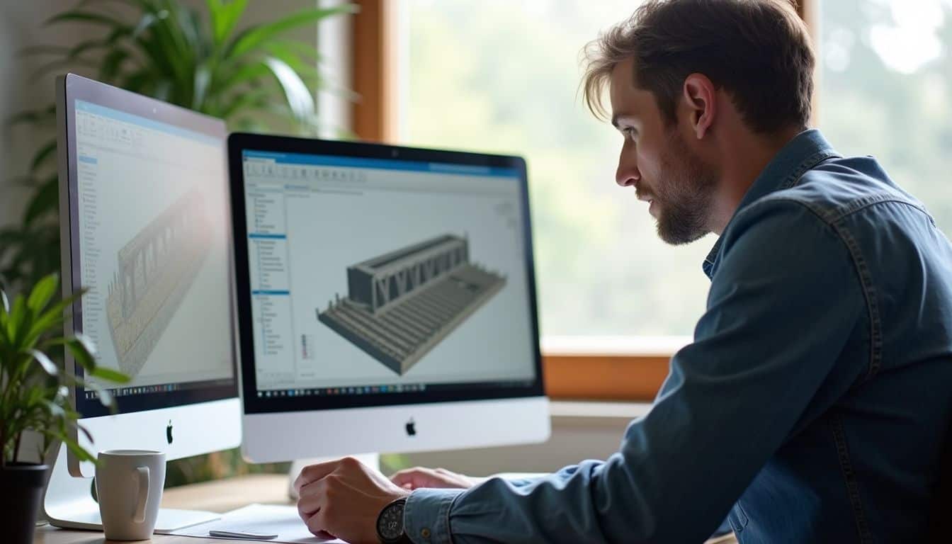 A structural engineer casually works on CAD software at a cluttered desk, embodying a relaxed and authentic workspace moment. A structural engineer casually works on CAD software at a cluttered desk, embodying a relaxed and authentic workspace moment.