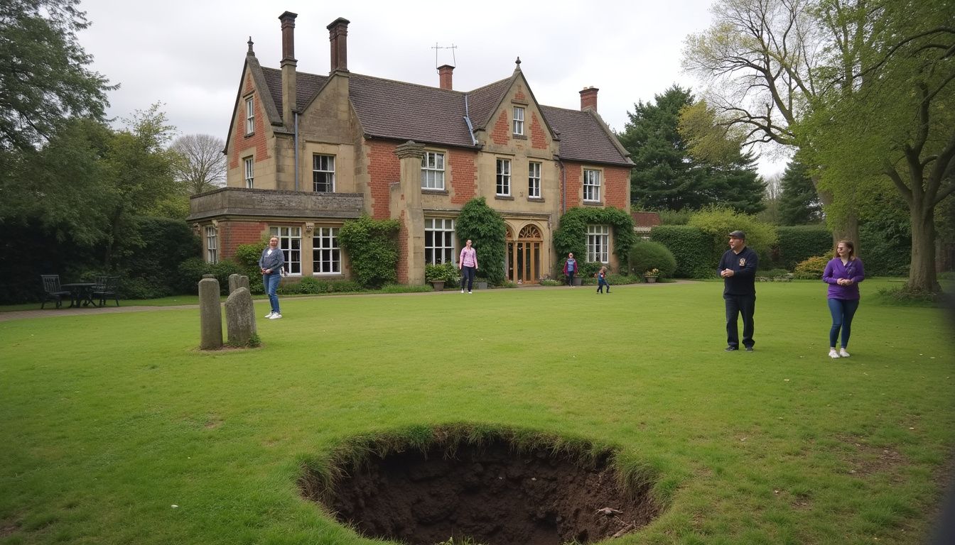 Large historic mansion with a spacious lawn, several visitors exploring, and a significant sinkhole in the foreground indicating ground erosion issues.