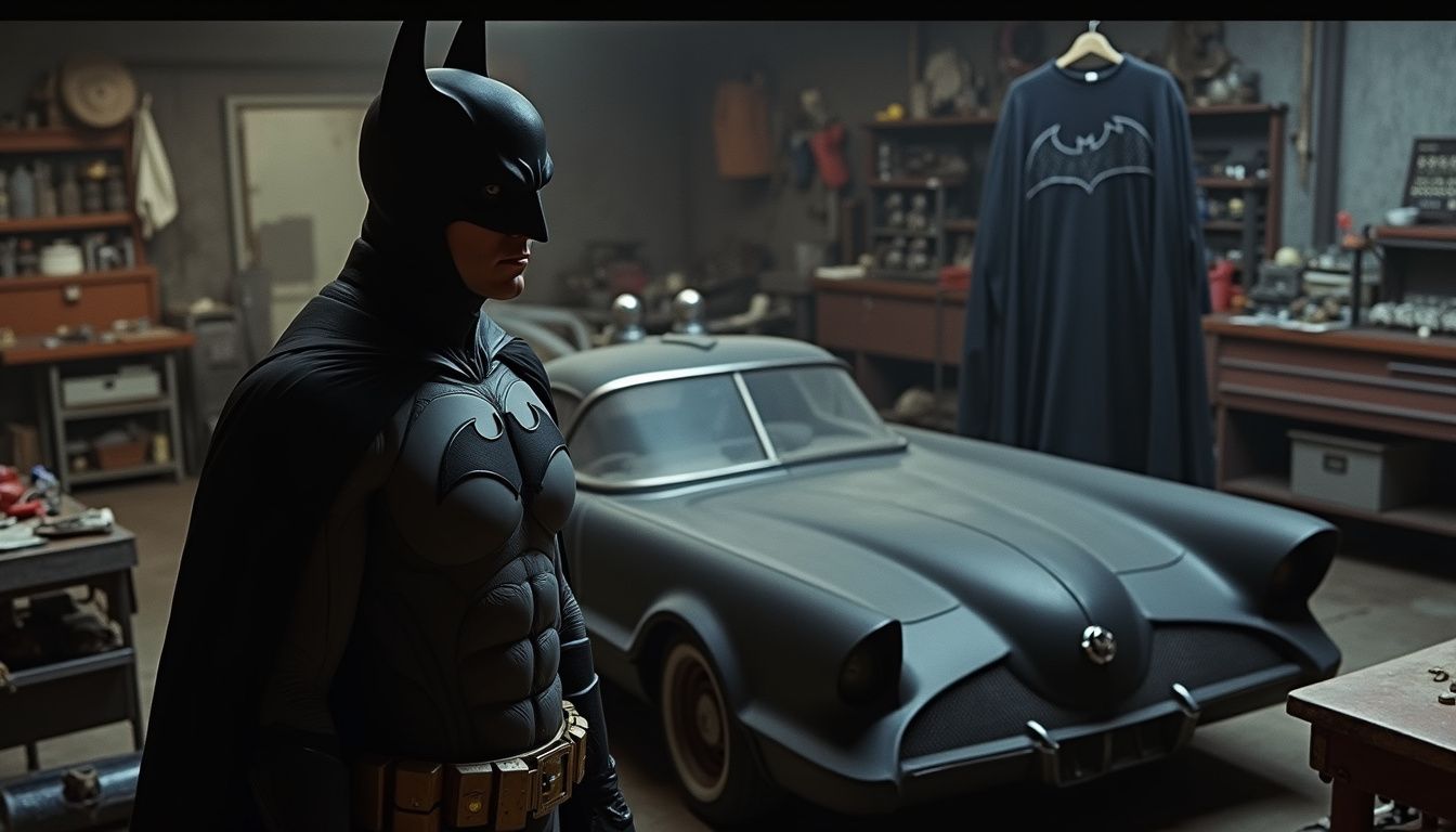 Batman in a Bat suit standing in a garage with a vintage Batmobile behind him. The garage has shelves filled with tools and collectibles, and a cape with Bat logo hanging on a stand.