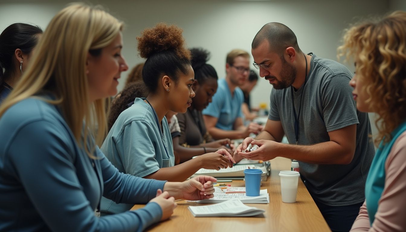 High school students participating in a medical training workshop with instructor demonstrating medication handling skills.