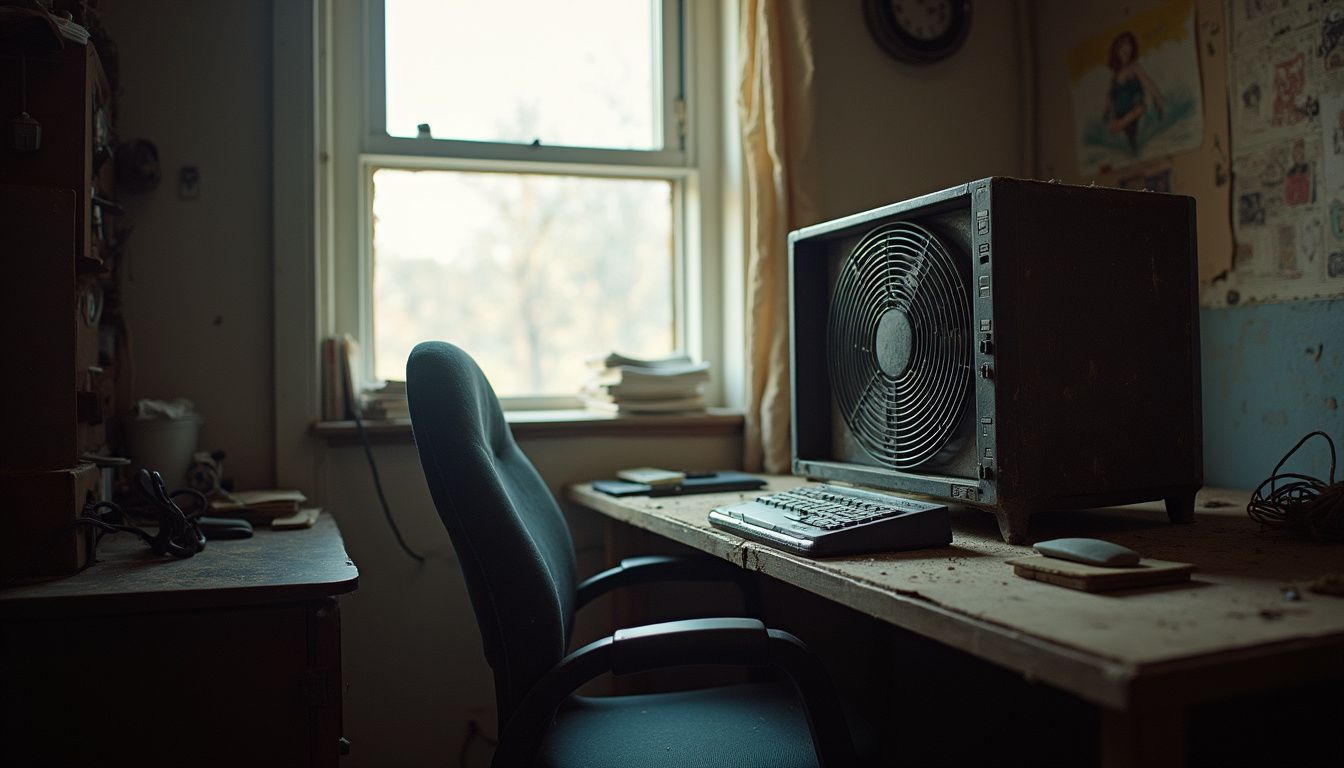 A cluttered computer room filled with everyday items and a box fan, capturing a lived-in, authentic atmosphere.