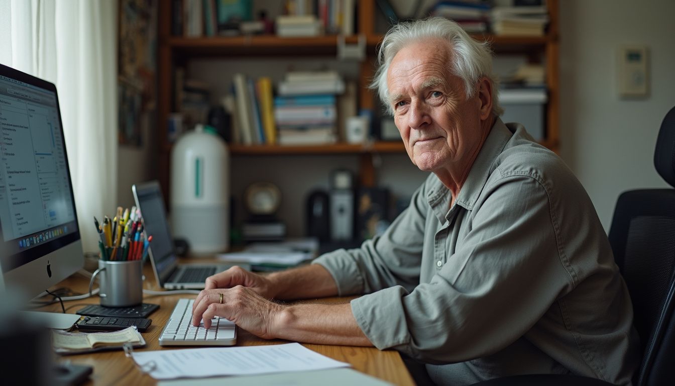 An older man sits casually at his cluttered desk, surrounded by gadgets and an air purifier.
