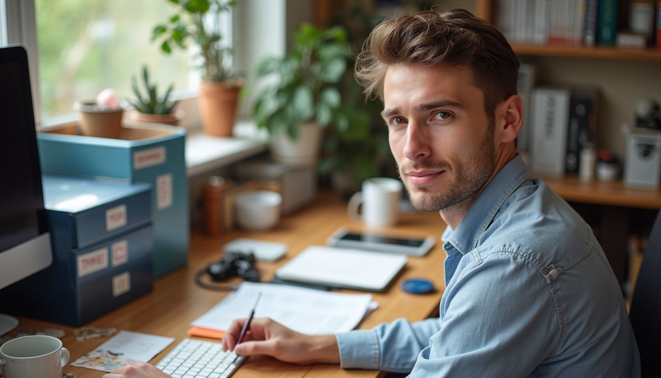 A casual desk scene features tech boxes, papers, and a relaxed person amidst everyday clutter.