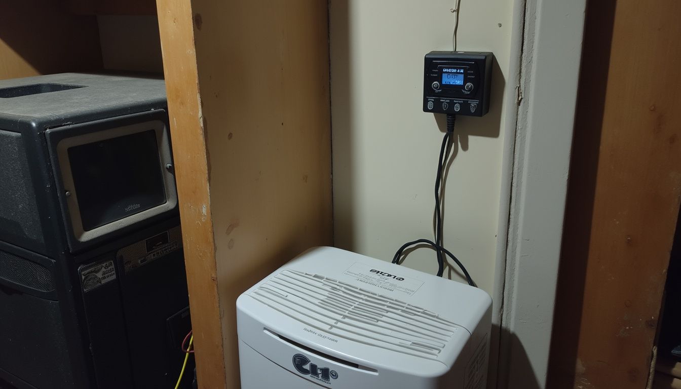 A digital temperature and humidity sensor hangs above a running dehumidifier in a cluttered basement computer room.