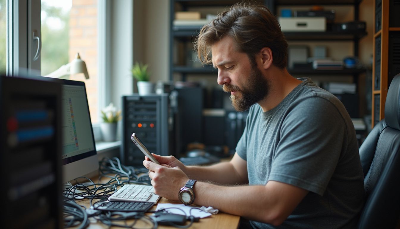Man working on computer and using smartphone in home office.