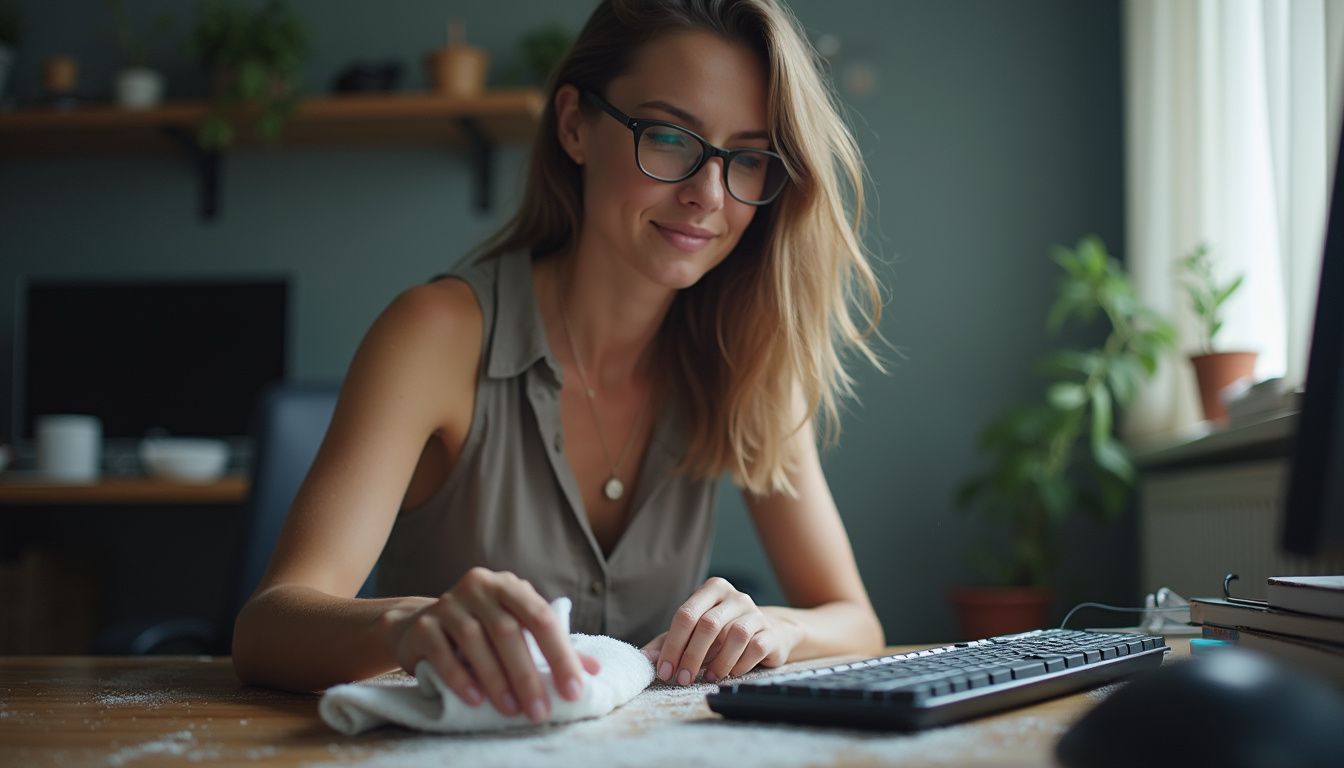 A woman in her 30s cleans dust off her cluttered home workspace with a microfiber towel.