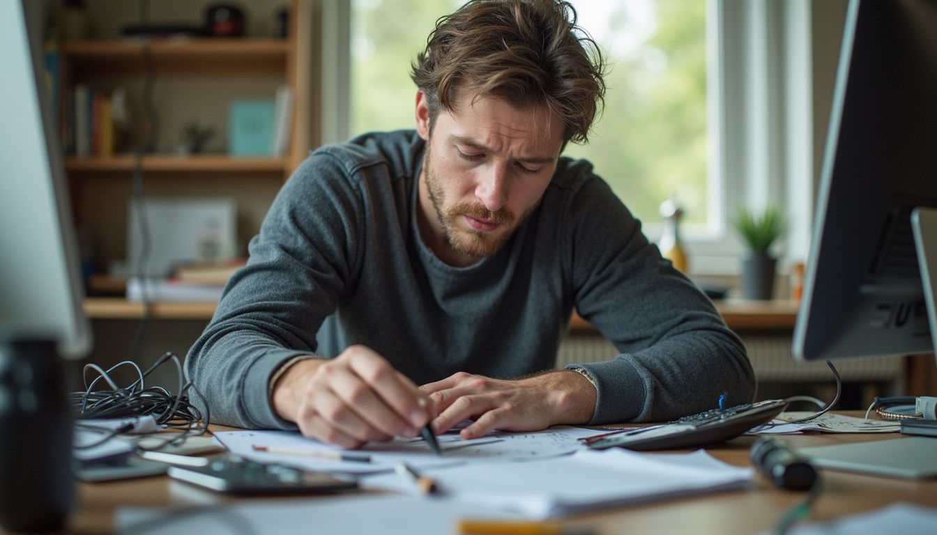 A man in his 30s struggles to organize a cluttered desk filled with cables, papers, and pens.