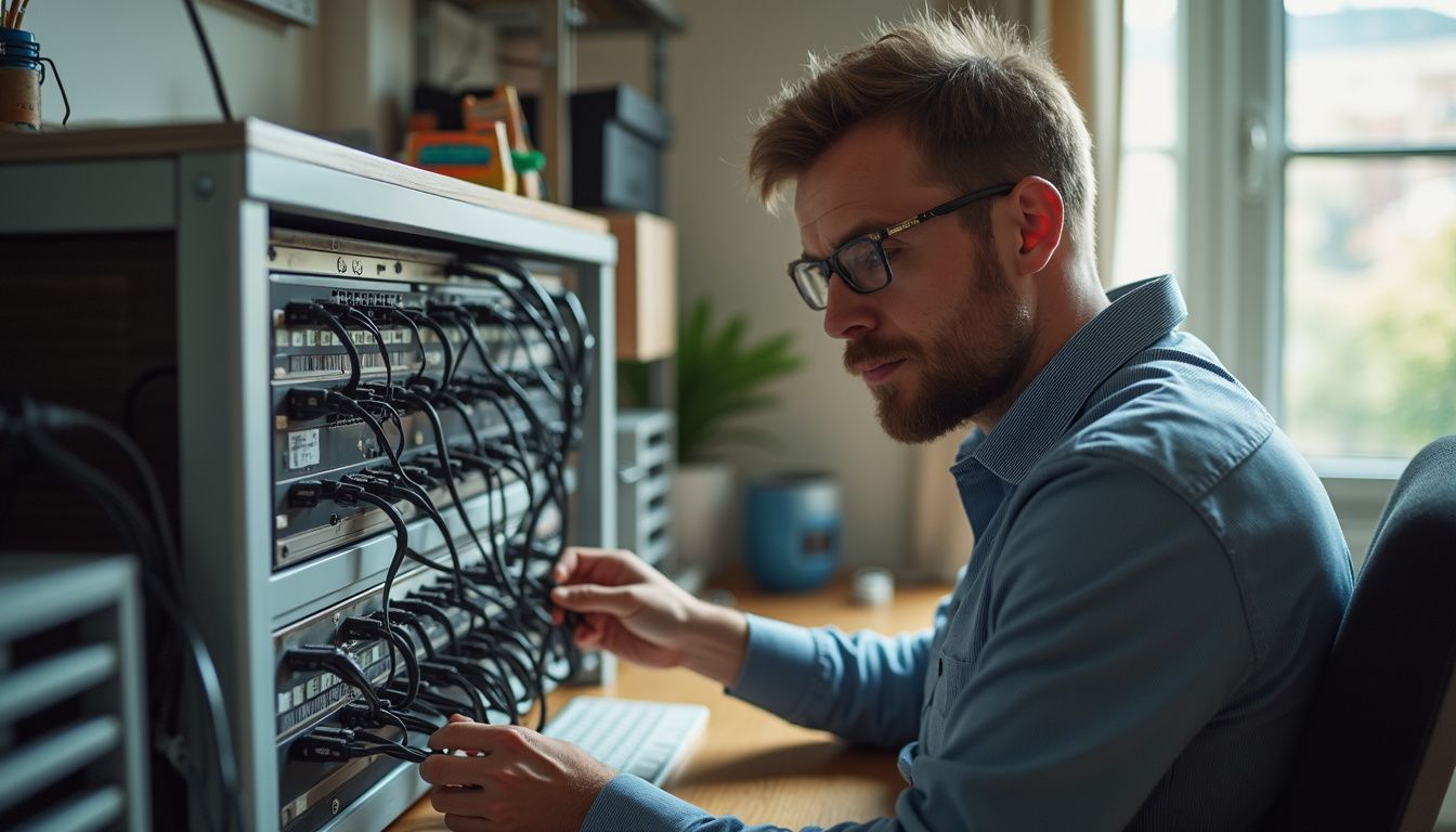 A relaxed man in his 30s organizes mismatched cables under a cluttered desk full of everyday items.