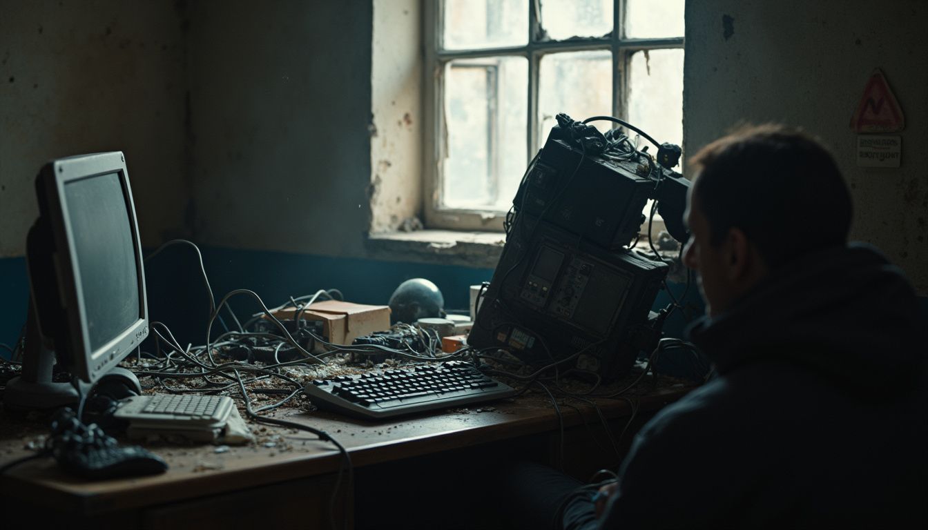 A cluttered desk with cables and electronics features a casually posed person in a lived-in room.