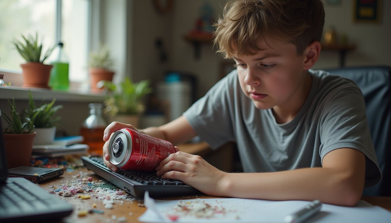 A teenage boy looks annoyed as he spills soda on his messy desk and keyboard.