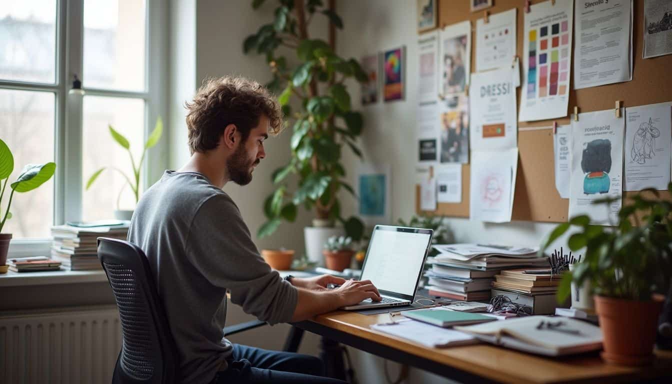 A focused young man works at a messy desk filled with design materials in his home office.