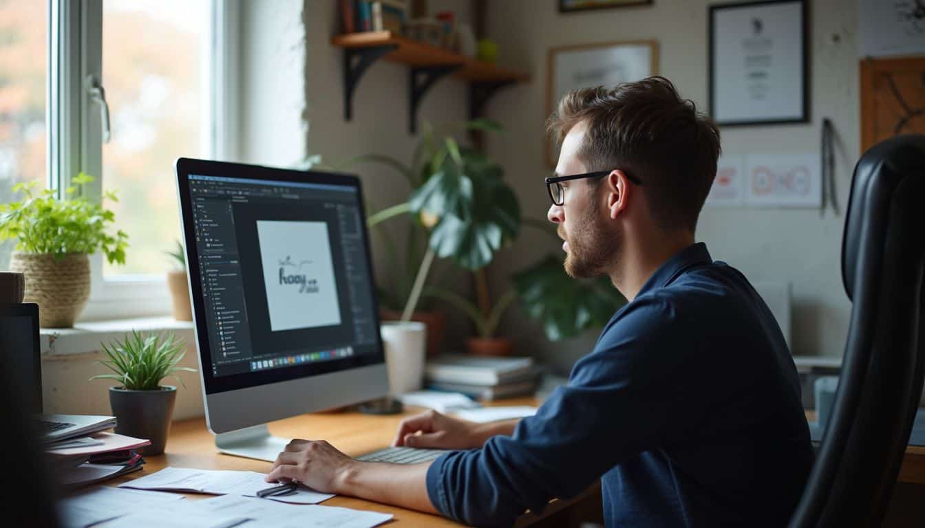 A person in their 30s works on a company logo at a cluttered home office desk.