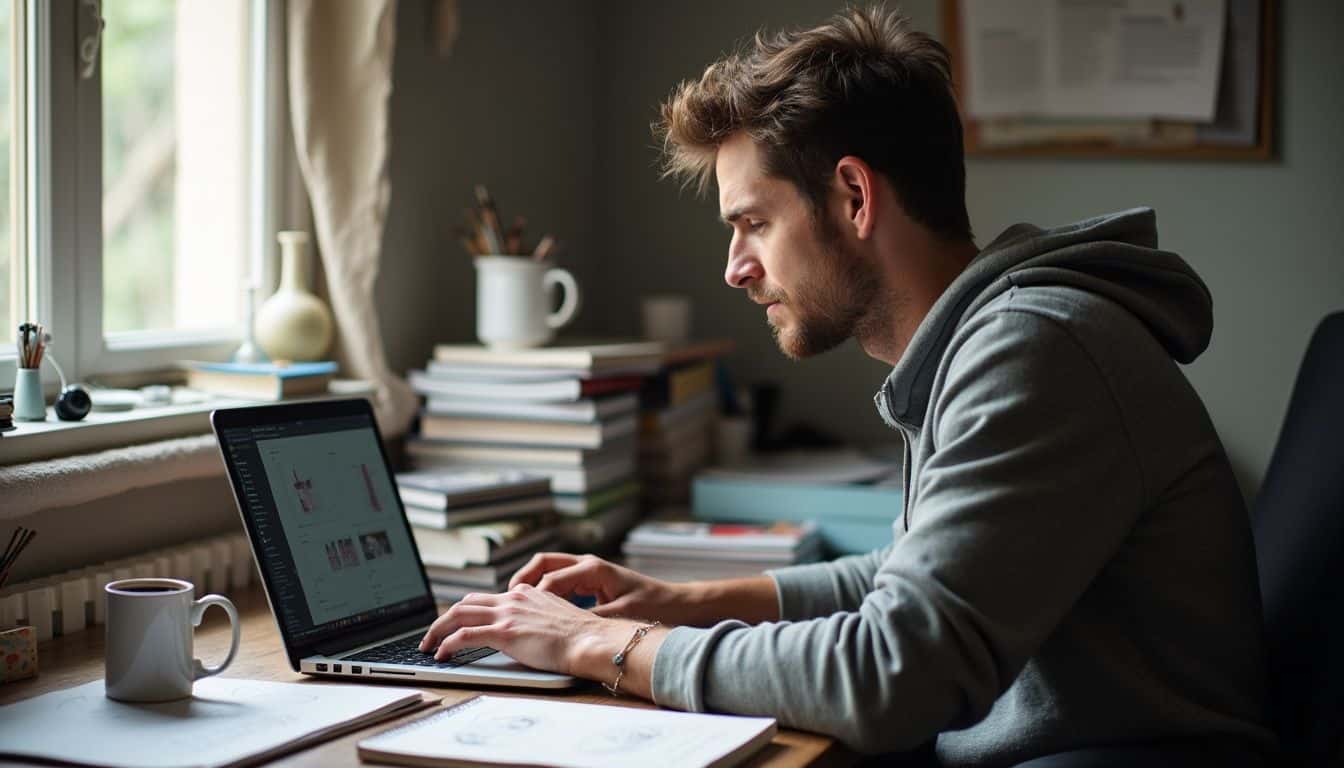A freelancer in their mid-30s works at a cluttered home desk amidst design books, sketches, and coffee.