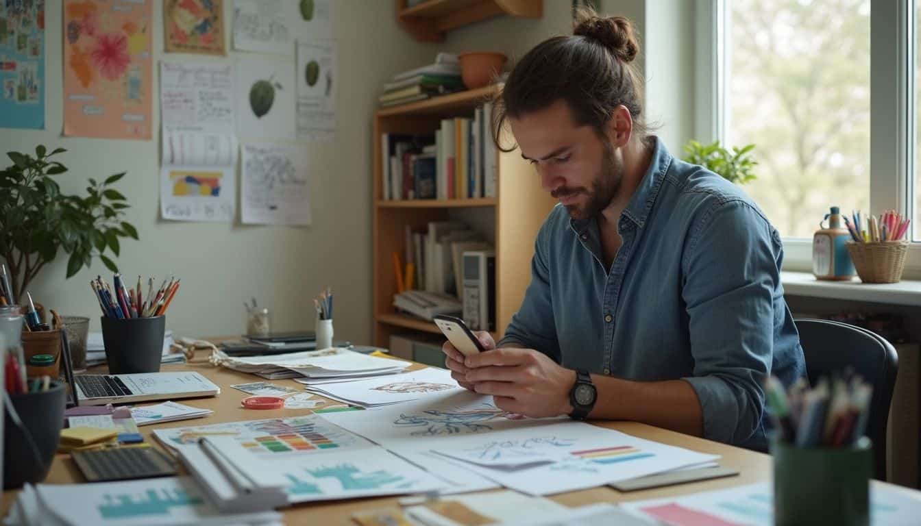A focused individual in their late 20s works at a cluttered desk filled with sketches and color swatches.