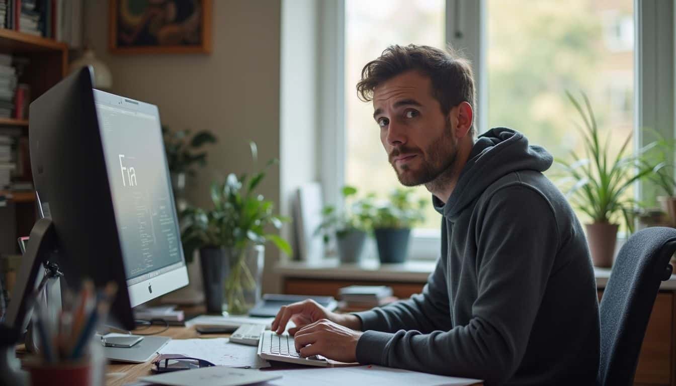 A casually dressed man in his 30s sits at a cluttered home office desk, absorbed in design work.