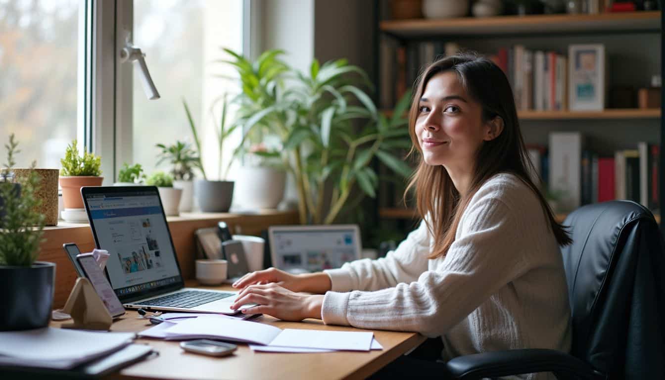 A casually dressed individual works at a cluttered home office desk filled with design tools and open templates.