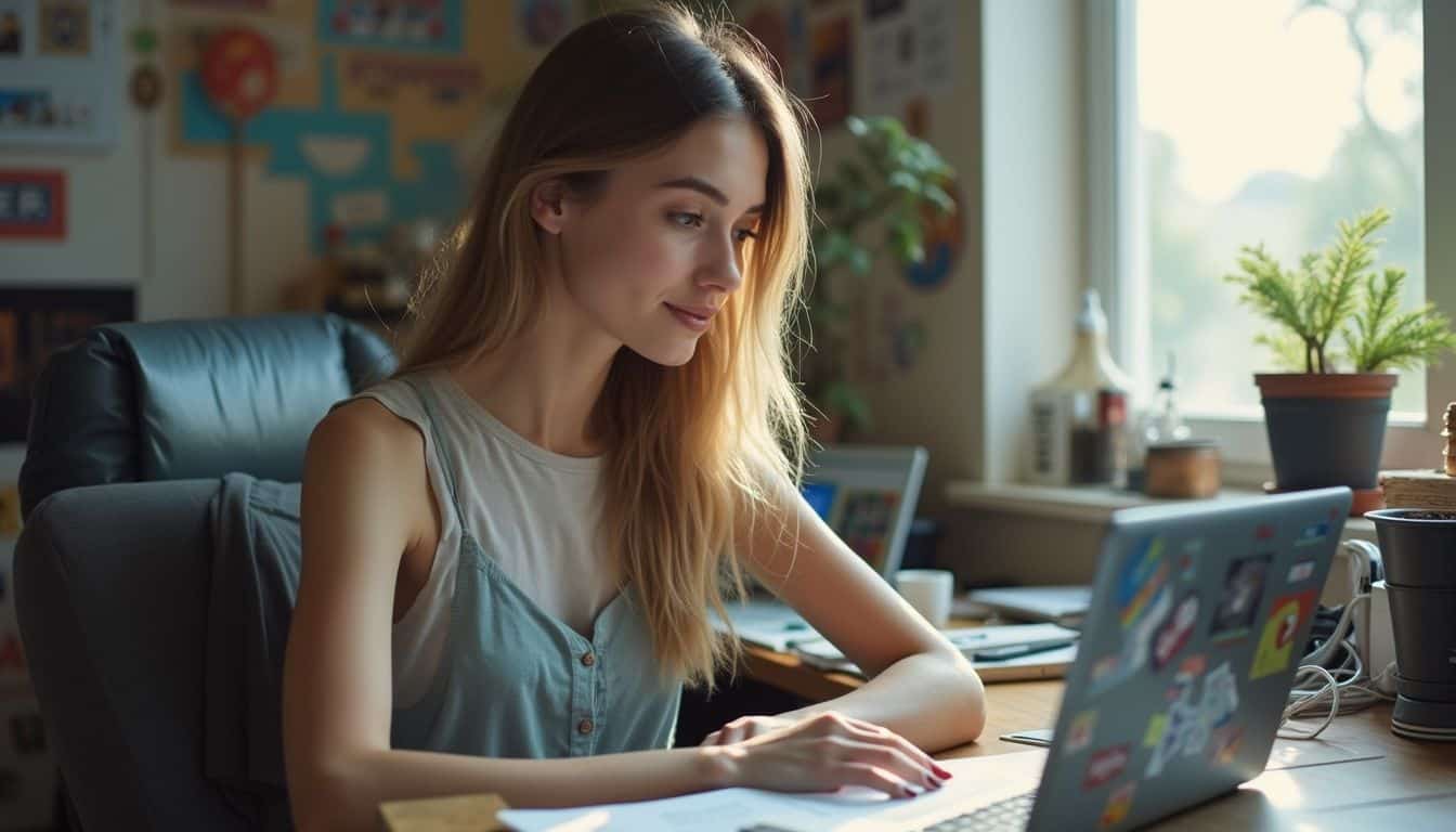 A woman in her mid-twenties casually works on a laptop at a cluttered desk filled with design materials.