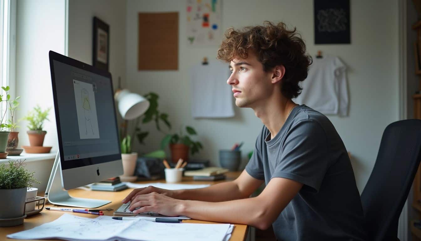 A casually dressed person in their 30s uploads a design in a cluttered home office filled with sketches and t-shirts.