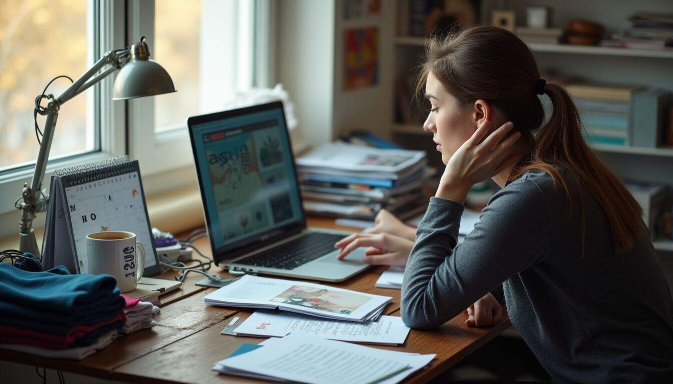 A cluttered home office features a laptop, design materials, and a relaxed person deep in thought.
